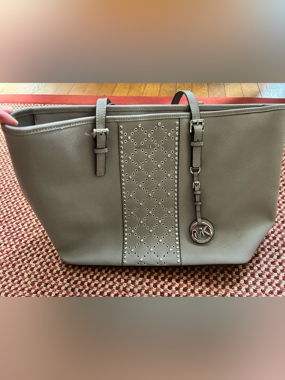 Michael Kors Taupe Leather Tote with Studded Center Panel